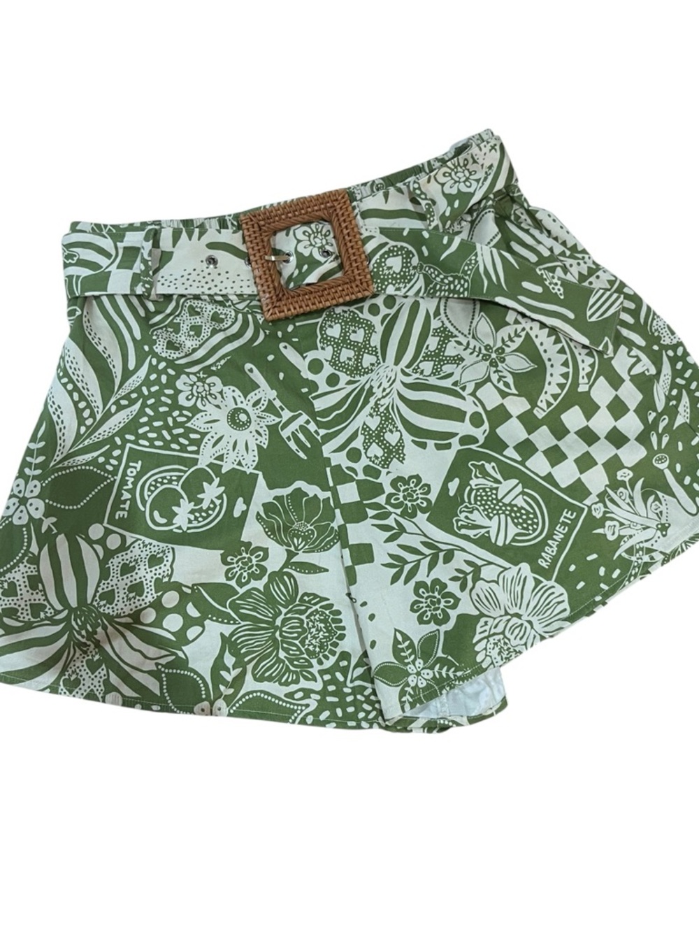 Alden Adair Green/Cream Belted High Waisted Shorts Picnic Pattern Sz S - Picture 4 of 13